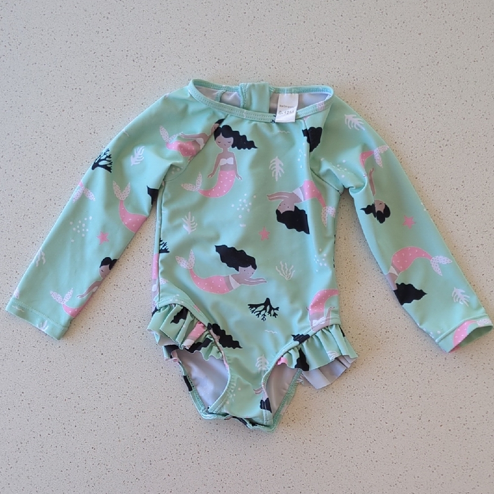 Mermaid Long Sleeve One Piece Kids Swimsuit - Aqua And Pink